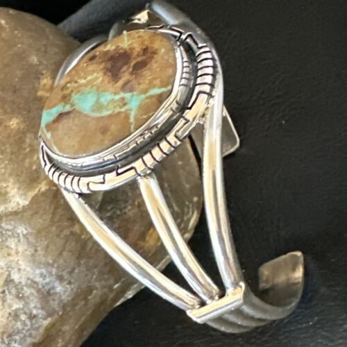 Navajo Green Boulder Turquoise Cuff Bracelet | Sterling Silver | Authentic Native American Handmade | 16244