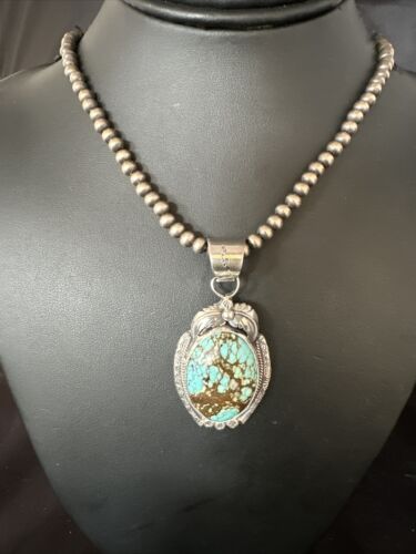 Navajo Pearls Sterling Silver Necklace with Blue Turquoise #8 Pendant | Authentic Native American Handmade | 14859