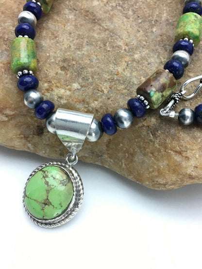 Navajo Green Turquoise and Lapis Necklace with Gaspeite Pendant | Sterling Silver | 23" | 2819