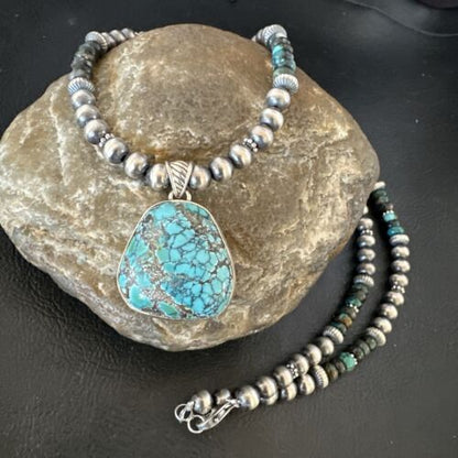 Men's Navajo Blue Spiderweb Turquoise Pendant Necklace | Sterling Silver | Authentic Native American Handmade | 16241
