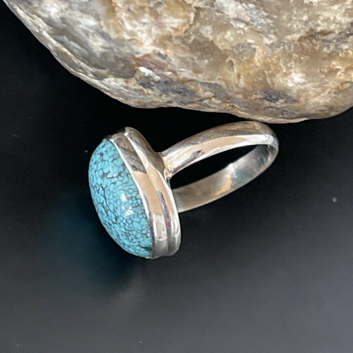 Navajo Spiderweb Blue Turquoise Ring | Sterling Silver | Sz 6.5 | Authentic Native American Handmade | 11438