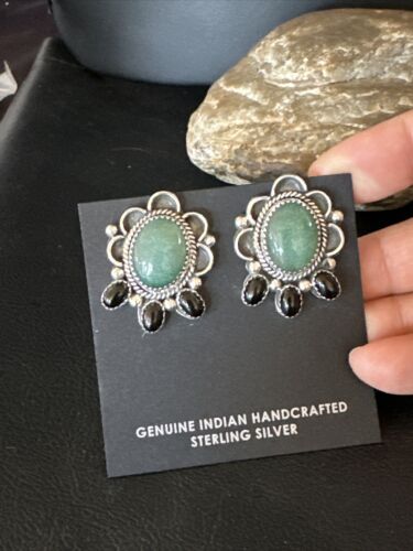 Navajo Black Onyx Green Jade Earrings | Sterling Silver | 1" | Authentic Native American Handmade | 15333