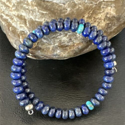Navajo Lapis Turquoise Heishi Bracelet | Stainless Steel Memory Wire 6mm | Authentic Native American Handmade | 17614