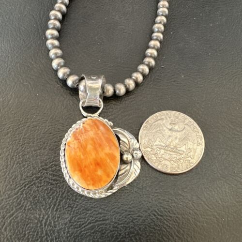 Navajo Orange Spiny Oyster Pendant Necklace | Sterling Silver Pearls | Authentic Native American Handmade | 16557