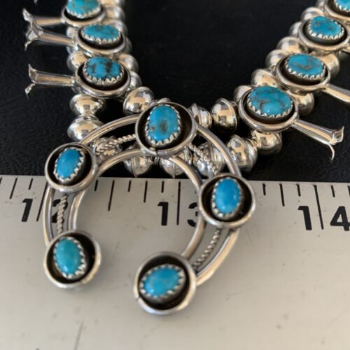 Navajo Kingman Turquoise Squash Blossom Necklace | Sterling Silver | Authentic Native American Handmade | 13678