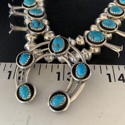 Navajo Kingman Turquoise Squash Blossom Necklace | Sterling Silver | Authentic Native American Handmade | 13678