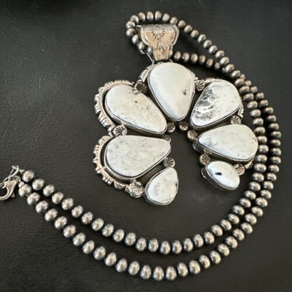 Navajo White Buffalo Turquoise Necklace Naja Pendant | Sterling Silver | Authentic Native American Handmade | 16805