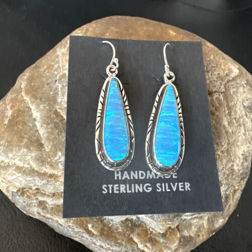 New Blue Opal Inlay Dangle Earrings | Sterling Silver | Authentic Native American Handmade | 16548