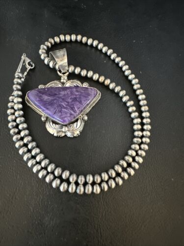 Navajo Pearls Necklace with Purple Charoite Pendant | Sterling Silver | Authentic Native American Handmade | 14883