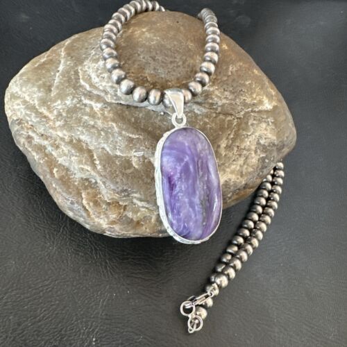 Navajo Purple Charoite Pendant with Pearls | Sterling Silver Necklace | Authentic Native American Handmade | 17313