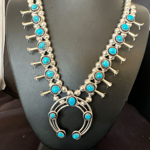 Navajo Kingman Turquoise Shadowbox Squash Blossom Necklace | Sterling Silver | Authentic Native American Handmade | 16091