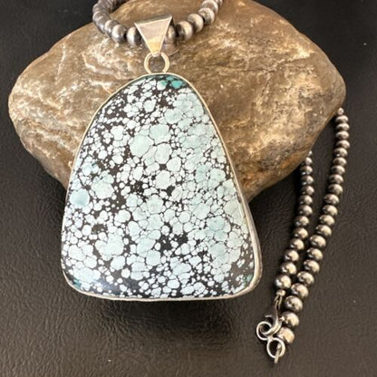 Men's Navajo Blue Spiderweb Turquoise Pendant Necklace | Sterling Silver | Native American Handmade | 16232