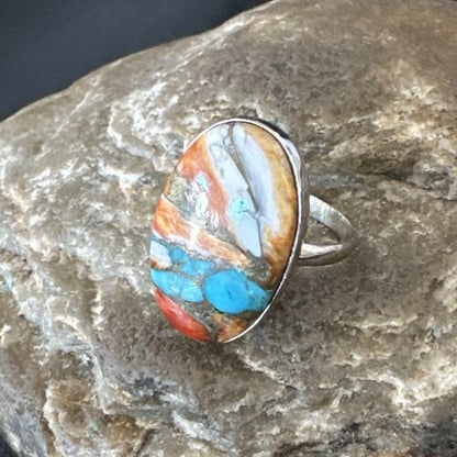 Navajo Turquoise Spiny Oyster Ring | Sterling Silver | Sz 8 | Authentic Native American Handmade | 16609 - Masha USA