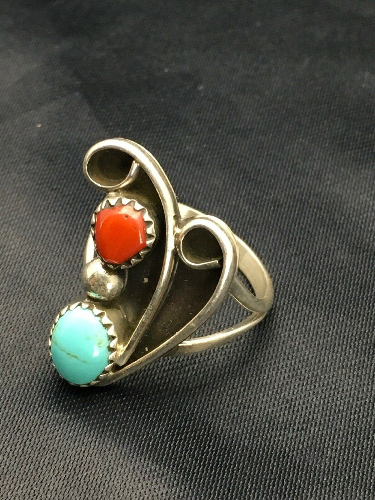 Navajo Blue Turquoise Coral Ring | Authentic Native American Sterling Silver | Multi-Stone | Sz 7 | 2807