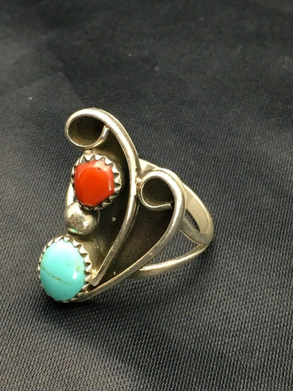 Navajo Blue Turquoise Coral Ring | Authentic Native American Sterling Silver | Multi-Stone | Sz 7 | 2807
