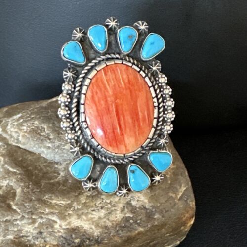 Navajo Turquoise Spiny Oyster Multi-Stone Ring | Authentic Native American Sterling Silver | Sz 8 | 15076