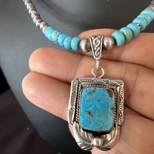 Navajo Blue Turquoise Pendant Necklace | Sterling Silver Pearls | Authentic Native American Handmade | 15420