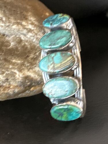 Women's Blue Turquoise 5-Stone Cuff Bracelet | Navajo Sterling Silver | Authentic Native American Jewelry | 16166