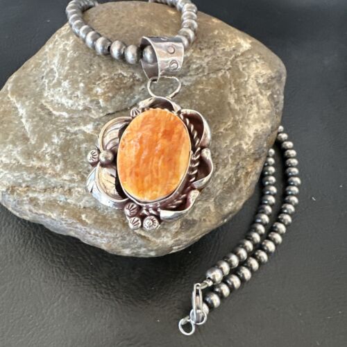 Navajo Orange Spiny Oyster Pendant Necklace | Sterling Silver Pearls | Authentic Native American Handmade | 16558