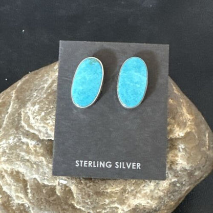 Navajo Blue Kingman Turquoise Post Stud Earrings | Sterling Silver | Authentic Native American Handmade | 17411