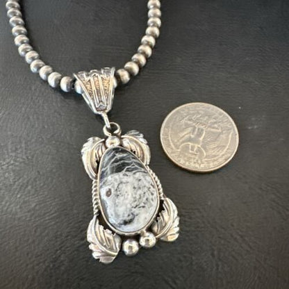 Navajo White Buffalo Turquoise Pendant Necklace | Sterling Silver | Authentic Native American Handmade | 17521