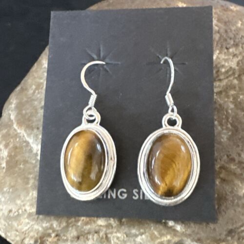Southwestern Navajo Coffee Tigers Eye Dangle Earrings | Sterling Silver | Authentic Native American Handmade | 16965