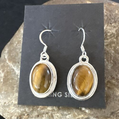 Southwestern Navajo Coffee Tigers Eye Dangle Earrings | Sterling Silver | Authentic Native American Handmade | 16965