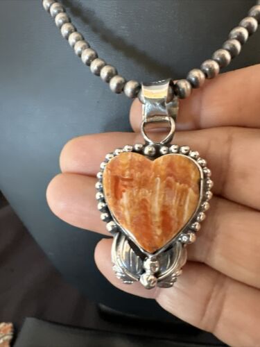 Navajo Orange Spiny Oyster Heart Pendant Necklace | Sterling Silver | Authentic Native American Handmade | 16421