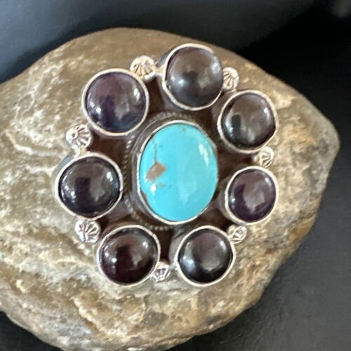 Navajo Blue Kingman Turquoise and Sugilite Cluster Ring | Authentic Native American Sterling Silver | Multi-Stone | Sz 7 | 16773