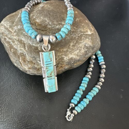 Turquoise #8 Inlay Pendant Necklace | Navajo Sterling Silver | Authentic Native American Handmade | 17121