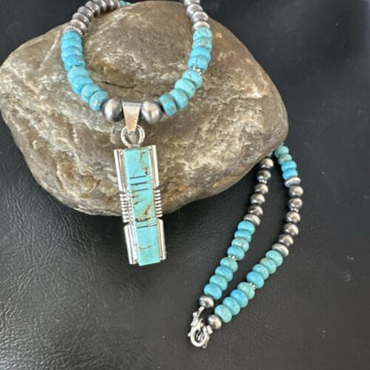 Turquoise #8 Inlay Pendant Necklace | Navajo Sterling Silver | Authentic Native American Handmade | 17121