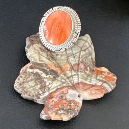 Navajo Orange Spiny Oyster Ring | Sterling Silver | Sz 8 | Authentic Native American Handmade | 16035