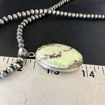 Navajo Green Gaspeite Pendant Necklace | Sterling Silver | Authentic Native American Handmade | 15489