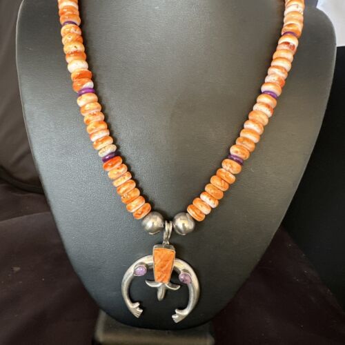 Men's Orange Spiny Oyster Sugilite Naja Pendant Necklace | Navajo Sterling Silver | 22" | Authentic Native American Handmade | 15226