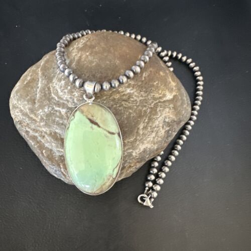 Navajo Green Gaspeite Pendant Necklace | Sterling Silver | Authentic Native American Handmade | 15484