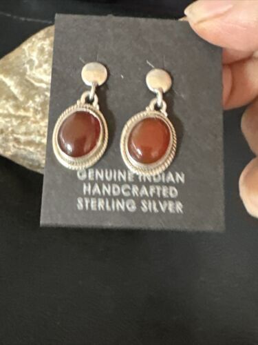 Navajo Burgundy Carnelian Dangle Earrings | Sterling Silver | Authentic Native American Handmade | 14925