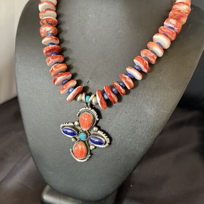 Navajo Red Spiny Oyster Lapis Pendant Necklace | Sterling Silver | Multi-Stone | 17668