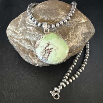 Navajo Green Gaspeite Pendant Necklace | Sterling Silver | Authentic Native American Handmade | 15492
