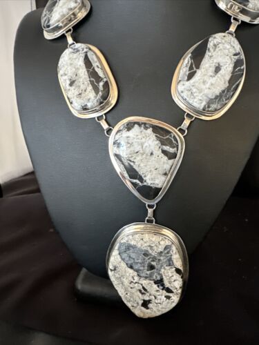 Navajo XL White Buffalo Turquoise Lariat Necklace  | Authentic Native American Sterling Silver | 14992