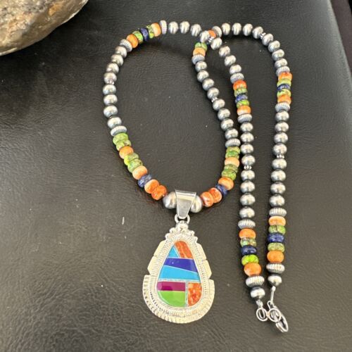 Navajo Spiny Oyster Turquoise Lapis Inlay Pendant Necklace | Sterling Silver | 21" | Authentic Native American Handmade | 16627