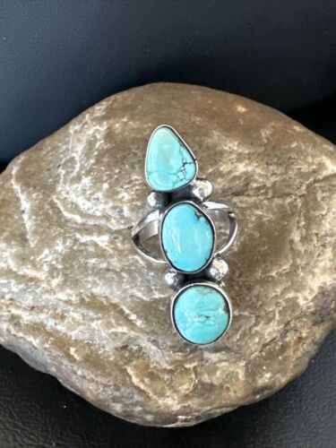 Navajo Blue Dry Creek Turquoise Cluster Ring | Authentic Native American Sterling Silver | Multi-Stone | Sz 8 | 17840
