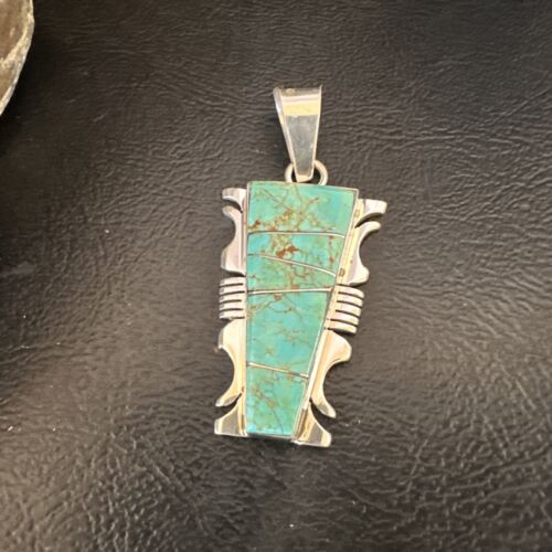 Navajo Blue #8 Turquoise Inlay Pendant | Sterling Silver | 2" | Authentic Native American Handmade | 15685