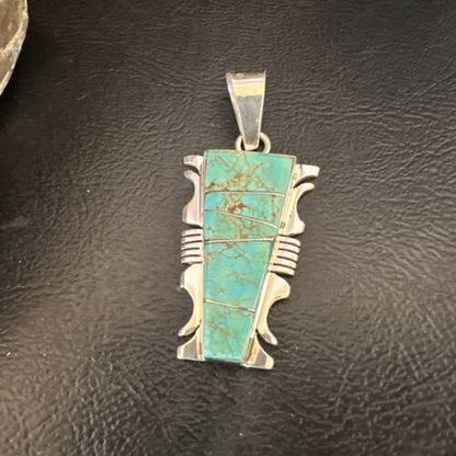 Navajo Blue #8 Turquoise Inlay Pendant | Sterling Silver | 2" | Authentic Native American Handmade | 15685