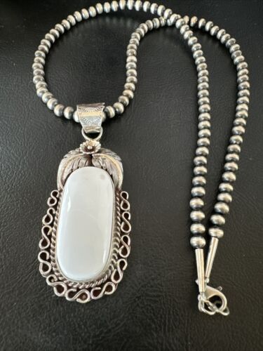 Navajo Pearls White Buffalo Turquoise Necklace Pendant | Sterling Silver | Authentic Native American Handmade | 15707