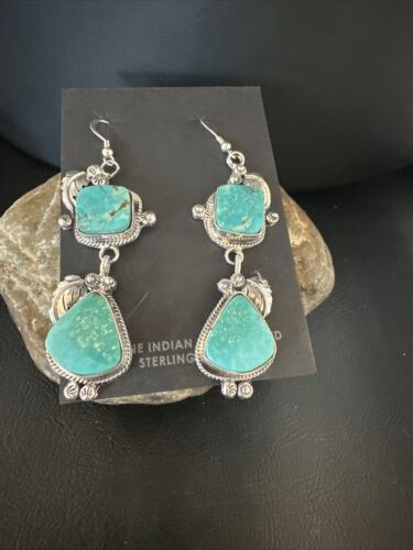 Navajo Blue Kingman Turquoise Dangle Earrings | Sterling Silver | Authentic Native American Handmade | 15185