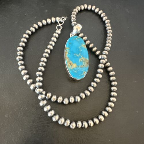 Navajo Blue Kingman Turquoise Pendant Necklace | Sterling Silver Pearls | 20" | 16685