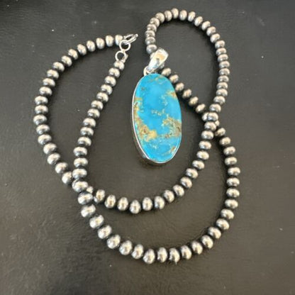 Navajo Blue Kingman Turquoise Pendant Necklace | Sterling Silver Pearls | 20" | 16685