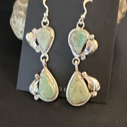 Navajo Green Royston Turquoise Dangle Earrings | Sterling Silver | Authentic Native American Handmade | 16838