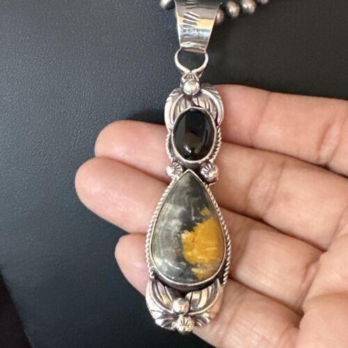 Men's Navajo Pearls Onyx Bumblebee Jasper Pendant | Sterling Silver | Multi-Stone Necklace | 15414