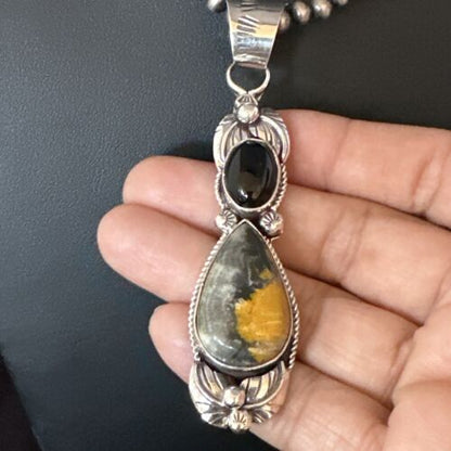 Men's Navajo Pearls Onyx Bumblebee Jasper Pendant | Sterling Silver | Multi-Stone Necklace | 15414